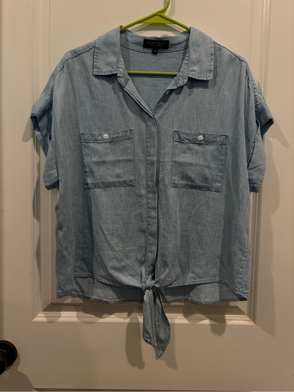 Oversized Velvet Heart Light Blue Tie-Front Casual Button-Down Shirt